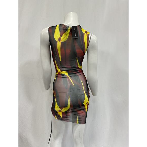 Louisa Ballou 'Heatwave' Brown Ruched Floral Print Stretch-Mesh Mini Dress Size - Picture 3 of 5